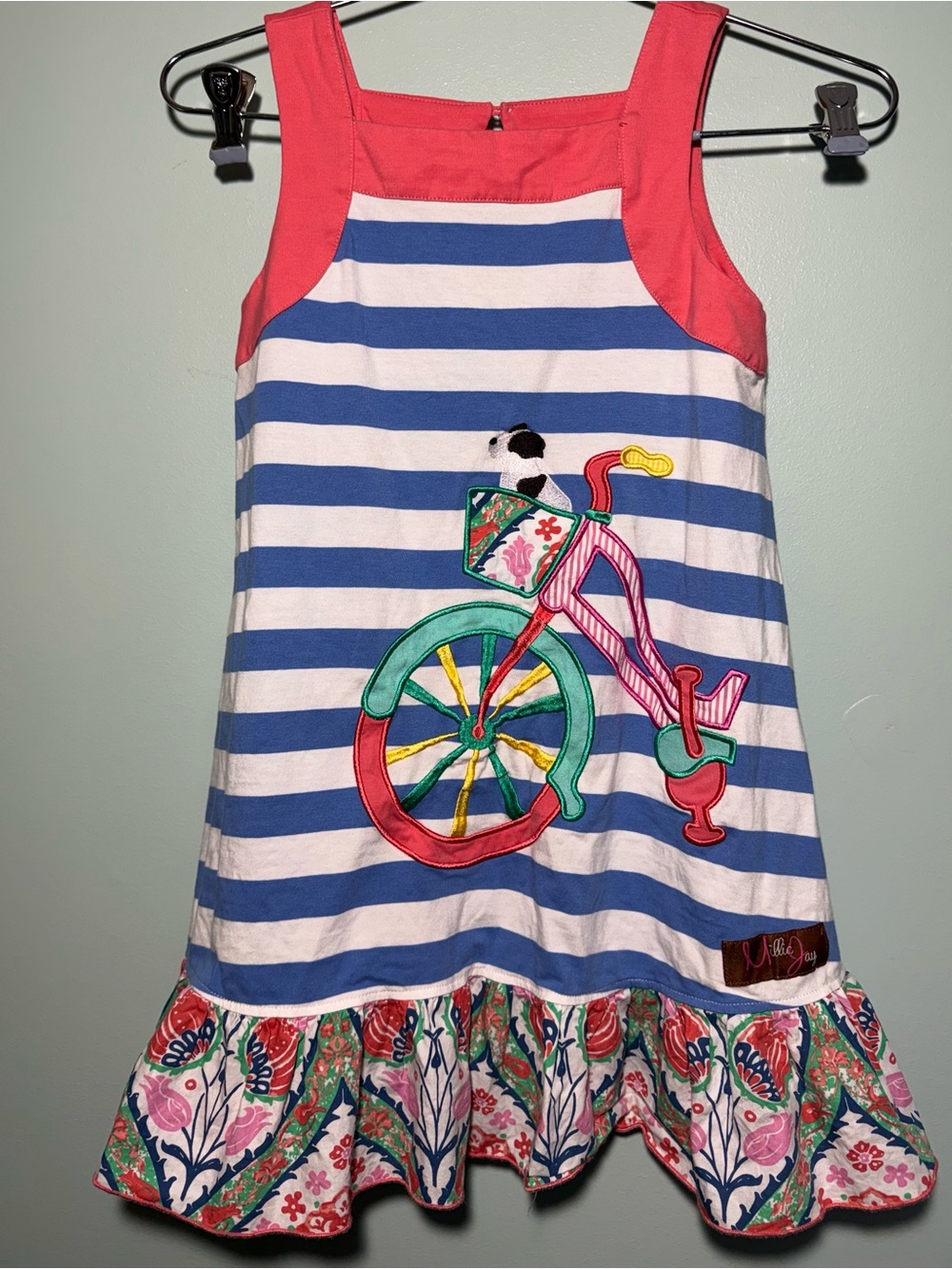 Millie Jay Striped Blue & White Bike Appliqué Kids Dress with Pink Accents